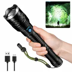 LIDIMI - Linterna Táctica Recargable 30W Zoom Ajustable 3000m USB-C Batería 12000mAh Power Bank
