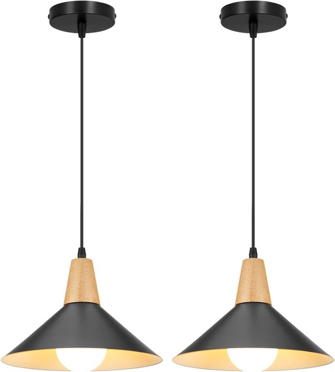 2 Unidades Lámpara colgante de metal madera nórdica E27 ø25cm - Negro