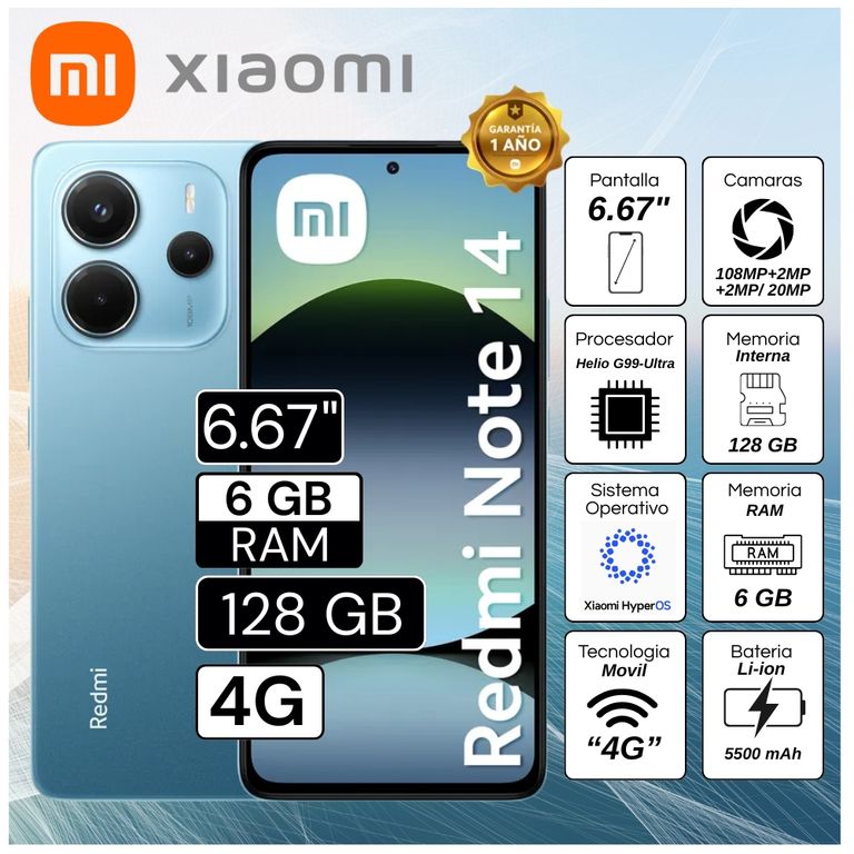 Celular Redmi Note 14 6GB RAM 128GB 6.67" Pulg. HyperOS - Ocean Blue