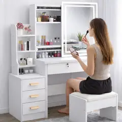 GENERICO - Tocador Blanco Moderno con Espejo LED Cuadrado y Banqueta Organizador de Maquillaje con Cajones