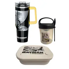 CHILDRENS CLUB - Pack Escolar Batman Mug Vaso con Cañita 1200ml +Taper con Cuchara 560ml + Taper Silicona 770ml