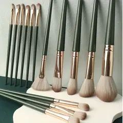 GENERICO - SET PROFESIONAL DE 14 BROCHAS DE MAQUILLAJE COLOR VERDE Y DORADO PREMIUM - KIT DE BROCHAS ULTRA SUAVES