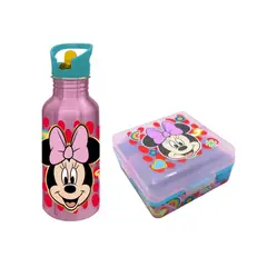 MINNIE - Pack Escolar Mouse Tomatodo Aluminio con Cañita 545ml + Taper Sandwichera