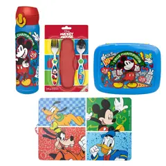 MICKEY MOUSE - Pack Escolar Tomatodo 580ml + Set de Cubiertos + Taper con Divisiones + Individual