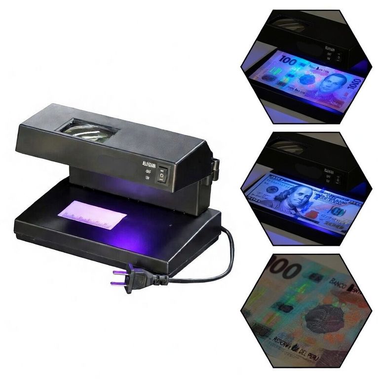 Máquina Detectora de Billetes Falsos UV + Luz Blanca - Verificador Multimoneda con Lupa