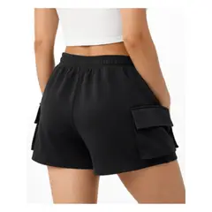 ENKI - Short cargo mujer French Terry negro pretina elástica tiro medio