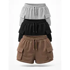 ENKI - Pack x3 short cargo mujer French Terry negro marrón topo gris melange