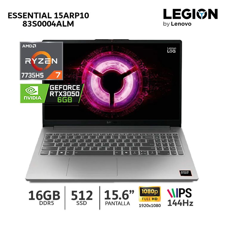 Laptop Loq 15ARP10E Ryzen7-7735HS Ram 16Gb DDR5 512Gb SSD Rtx4050 6Gb 15.6 FHD IPS-83S0004ALM