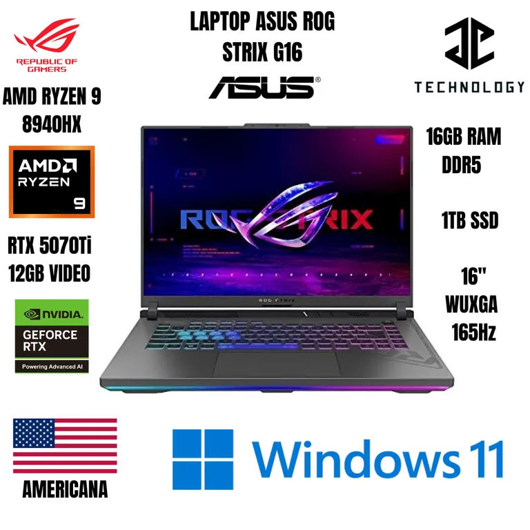 LAPTOP ROG STRIX G16 AMD RYZEN 9 8940HX / RTX 5070Ti 12GB VIDEO / 16GB RAM DDR5 / 1TB SSD
