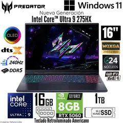 ACER - Laptop Predator Helios NEO 16S AI Intel Core Ultra 9- 275HX 16GB RAM 1TB SSD 16 OLED RTX5060-8GB WIN11
