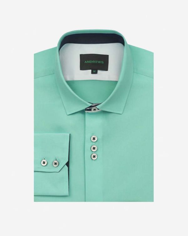 Camisa Casual color Verde Agua con Detalles Azul en Cuello y Puños