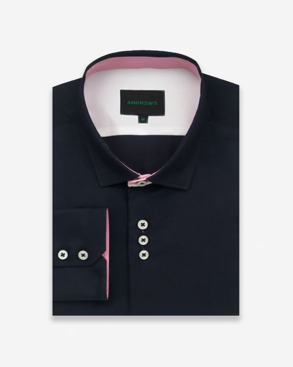 Camisa Casual color Azul con Detalles Rosado en Cuello y Puños