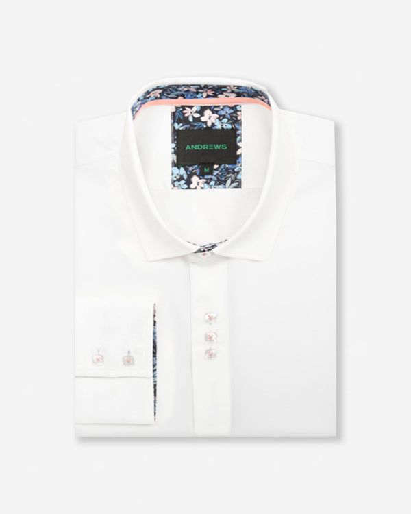 Camisa Casual Blanco con Detalles Rosado en Cuello y Puños