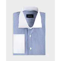 Andrew'S Ties - Camisa Vestir - Azulino con rayas Blancas Cuello y puño gemelo Blanco