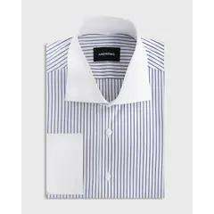 ANDREW'S TIES - Camisa Vestir - Blanco con raya Azul Cuello y puño gemelo Blanco