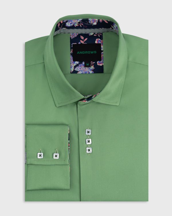 Camisa Casual - Verde con Contraste en el Puño, Cuello y Pechera