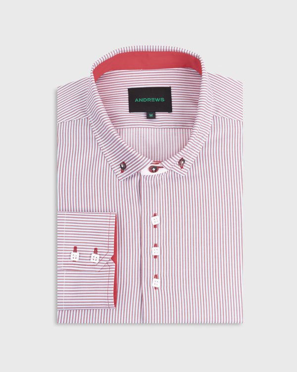 Camisa Casual - Rojo con rayas Blancas con detalles en el Puño y Pechera