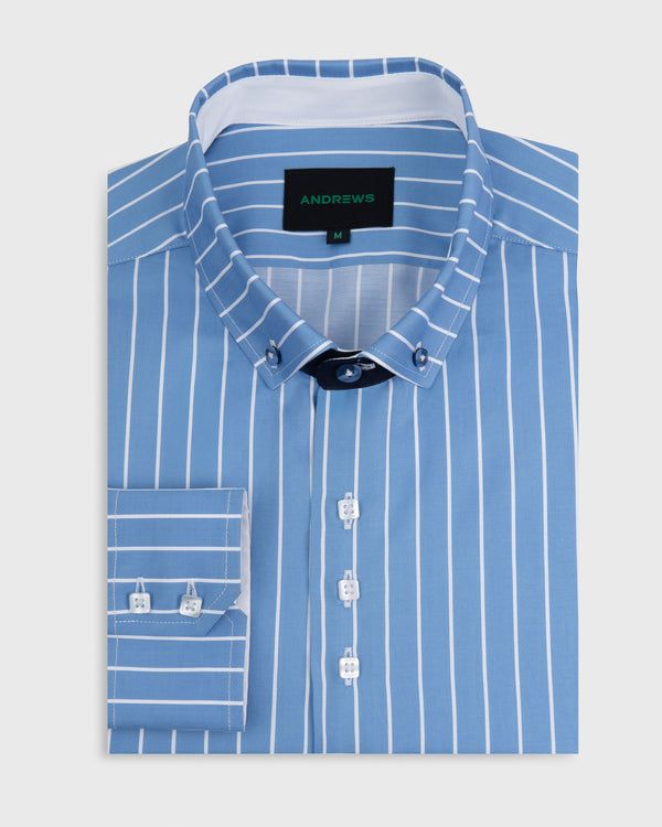 Camisa Casual - Celeste con rayas Blancas con detalles en el Puño y Pechera