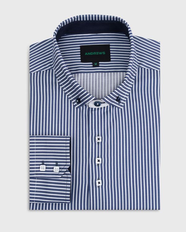 Camisa Casual - Azul con rayas Blancas con detalles en el Puño y Pechera
