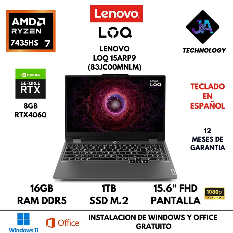 LAPTOP LOQ 15ARP9 AMD RYZEN 7 7435HS 16GB RAM 1TB SSD 8GB RTX4060 15.6" FHD FREEDOS LATINA