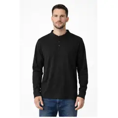 ENKI - Polo manga larga hombre algodón jersey negro cuello henley casual