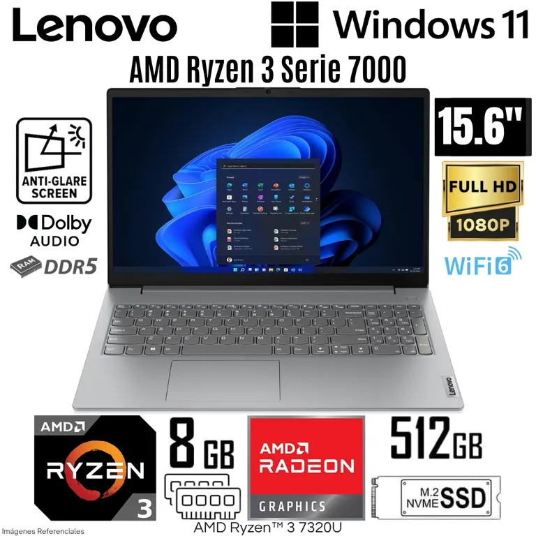 Laptop V15 G4 AMN AMD Ryzen 3 7320U 8GB RAM 512GB SSD 15.6" FHD Arctic Grey - 82YU017LLM