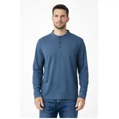 ENKI - Polo Manga Larga Hombre Azul Acero Cuello Henley Algodón