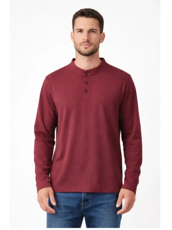 Polo Manga Larga Hombre Vino Cuello Henley Algodón Jersey