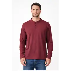 ENKI - Polo Manga Larga Hombre Vino Cuello Henley Algodón Jersey