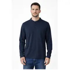 ENKI - Polo manga larga hombre algodón jersey azul navy cuello henley casual