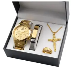 GENERICO - Set de Hombres Reloj Analógico Masculino + Pulsera + Dije Cruz y Anillo Regalo Perfecto