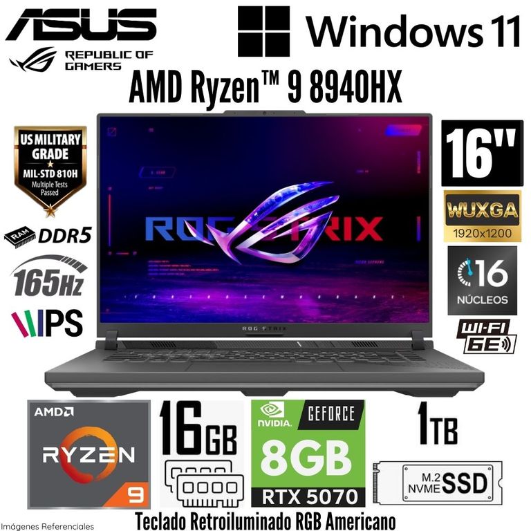 Laptop ROG STRIX G16 G614PP AMD Ryzen 9 8940HX 16GB RAM 1TB SSD RTX 5070-8GB 16" WUXGA 165 Hz