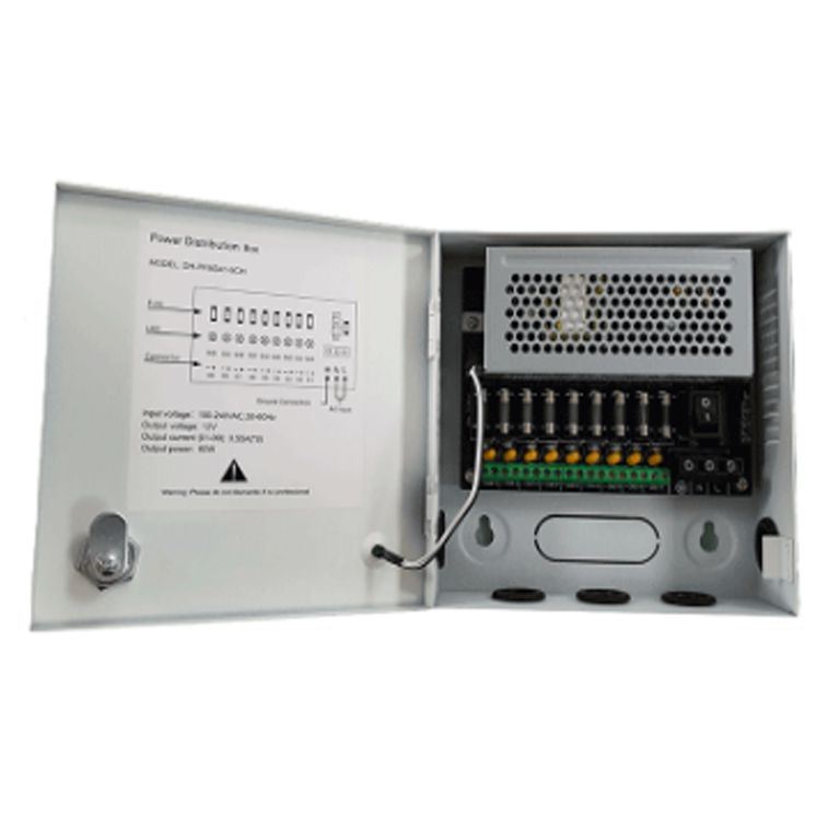 CAJA DE ALIMENTACION CENTRALIZADA 9 ENTRADAS - 12VDC 5 AMP- CAJA METLICA CON LLAVE- PROTECCION CONTRA SOBRE CARGA P-N PFM341-9CH