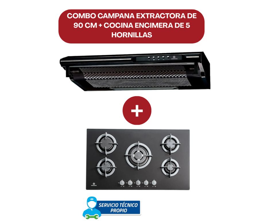 COMBO Campana Extractora 90 cm CEI-902NE Negro + Encimera Egi-905vdneg Negro 5 Quemadores