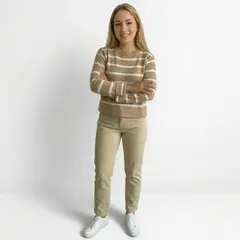 GENERICO - Chompa Mujer Hilo De Algodon Rayas Blancas Manga Larga 359-20 Color Beige