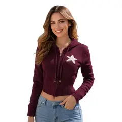GENERICO - Chompa Mujer Capucha Hilo Cierre Estrella 463A-25 Color Vino
