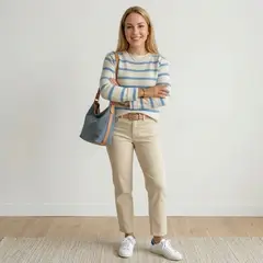 GENERICO - Chompa Mujer Hilo De Algodon Rayas Cerrado Manga Larga 359-20 Color Celeste