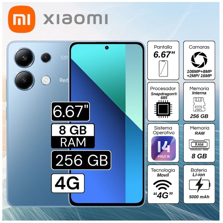 Celular Redmi Note 13 8GB RAM 256GB 6.67" Pulg. MIUI 14 - Ice Blue