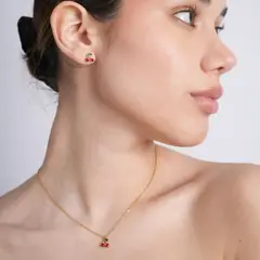 AZZIA JOYERIA - Set Collar y Aretes Cerezas Circón Rojo Waterproof Acero Inoxidable Oro18kMujer