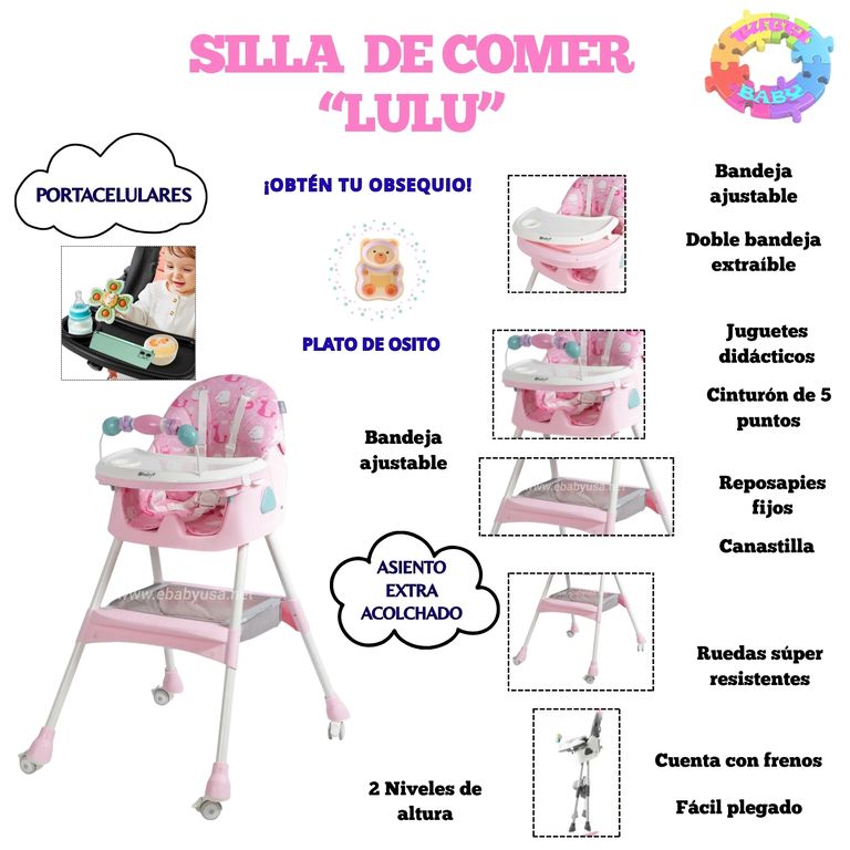 SILLA DE COMER PLEGABLE LULU ROSADO + OBSEQUIO PLATO PARA NIÑO