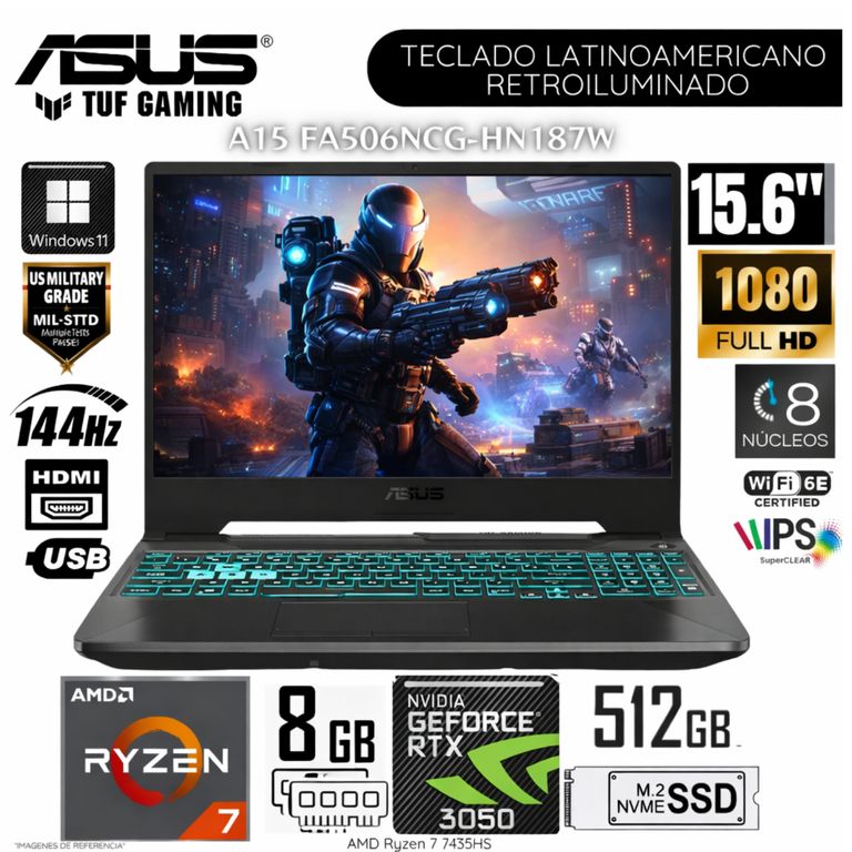 Laptop Gamer TUF Gaming A15 AMD RYZEN 7 7445HS 8GB 512SSD NVIDIA RTX3050 FA506NCG-HN187W