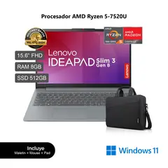 LENOVO - Laptop IdeaPad Slim 3 15AMN8 AMD Ryzen 5 7520U RAM 8GB SSD 512GB 15.6" FHD 82XQ00LTLM + Malet