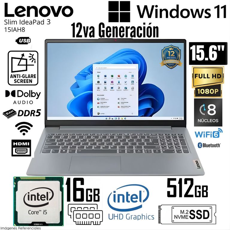 Laptop Ideapad Slim 3 15IAH8 83ER00N8LM i5-12450H 16GB RAM 512GB SSD 15.6" FHD Gris W11 Pro