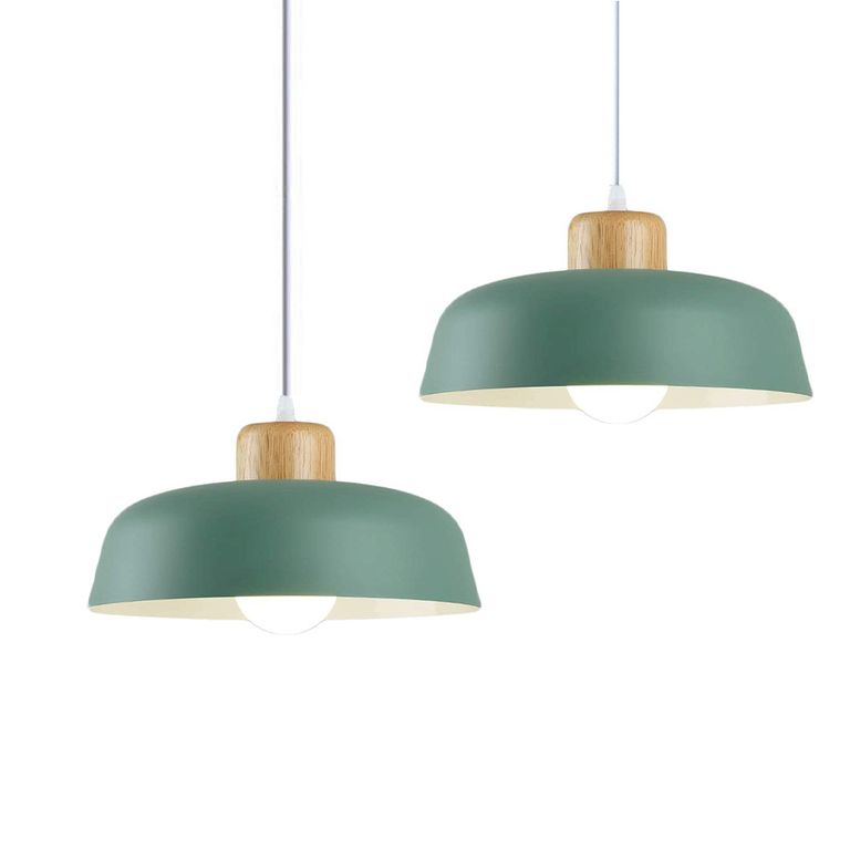 2 Unidades lámpara colgante metal madera redonda nórdica e27 Verde