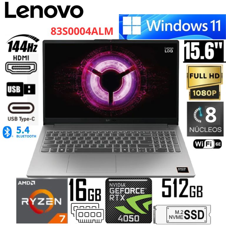 Laptop 15.6" AMD Ryzen 7 7735HS 16GB RAM 512GB RTX 4050 6GB FHD 144Hz Windows 11 – 83S0004ALM
