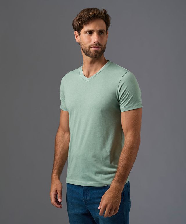 Polo Algodón Básico Cuello V Verde Cemento Hombre