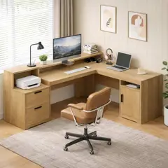 TU MESITA - Escritorio en L Theo Color Rovere con Repisas y Almacenamiento