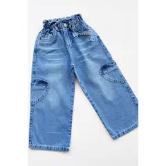 KIDS MASHMELO - Pantalón Jean Palazzo con Bolsillo Cargo en Forma de Corazón para niñas