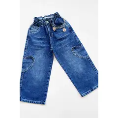 KIDS MASHMELO - Pantalón Jean Palazzo con Bolsillo Cargo en Forma de Corazón para niñas