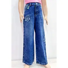 KIDS MASHMELO - Pantalón Jean Palazo con Paches de Flores para niñas